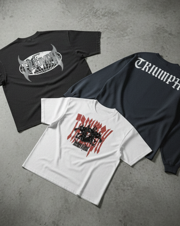 Three clothing items with 'Triumph' branding on a gray surface