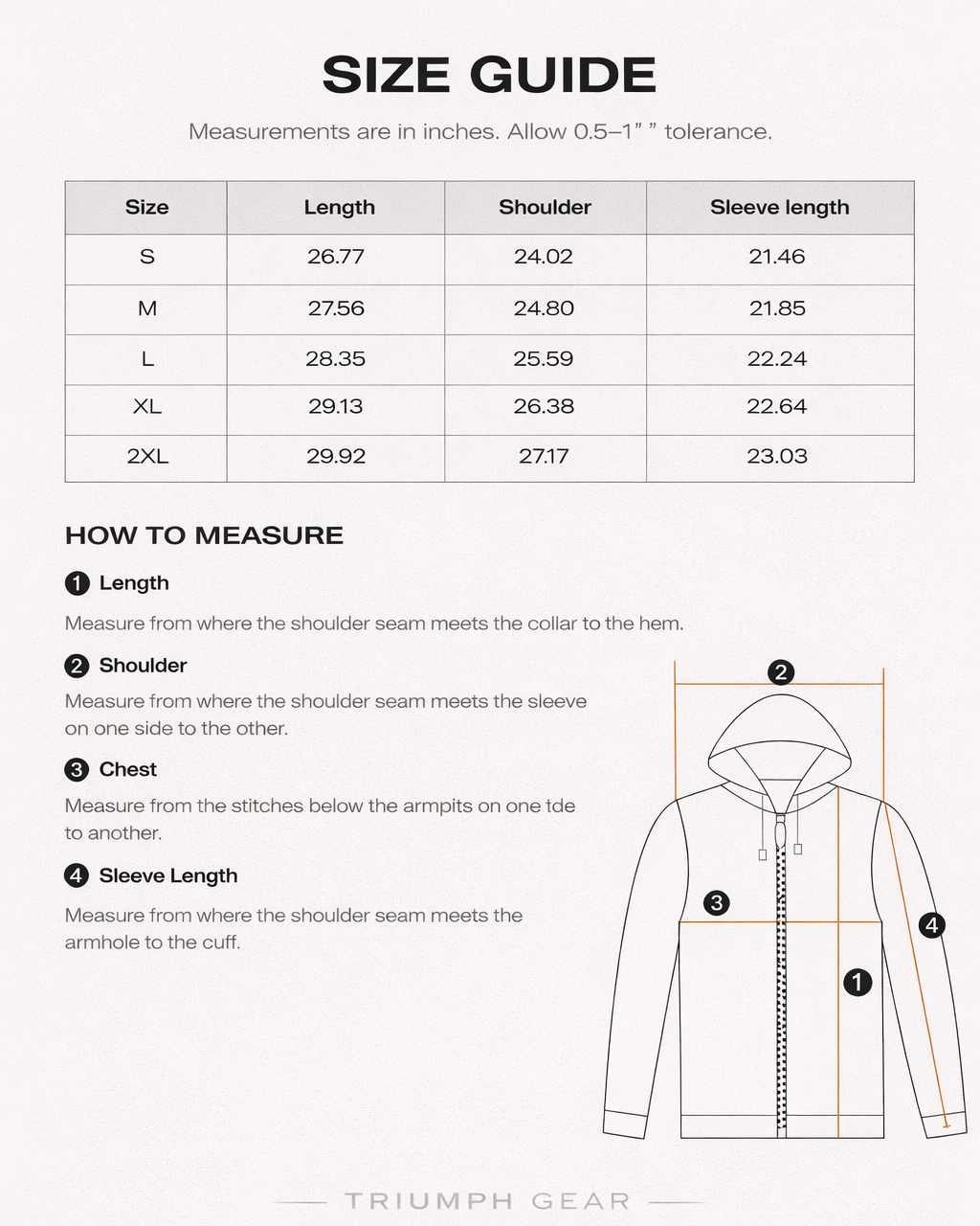 Size guide for a jacket with measurements in inches and a diagram of how to measure the garment.